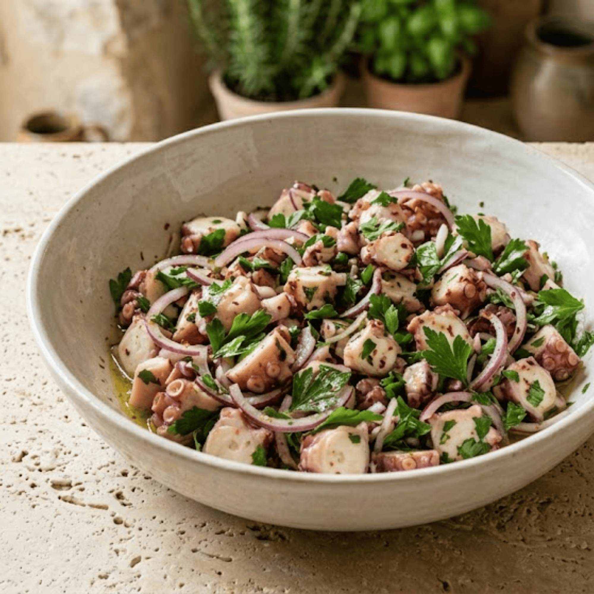Salade de poulpe mariné au citron avec oignon rouge, persil frais et huile d’olive.