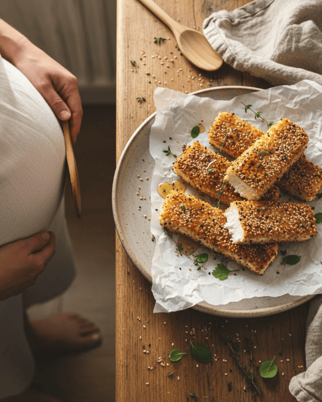 Feta panée au sésame, miel et herbes