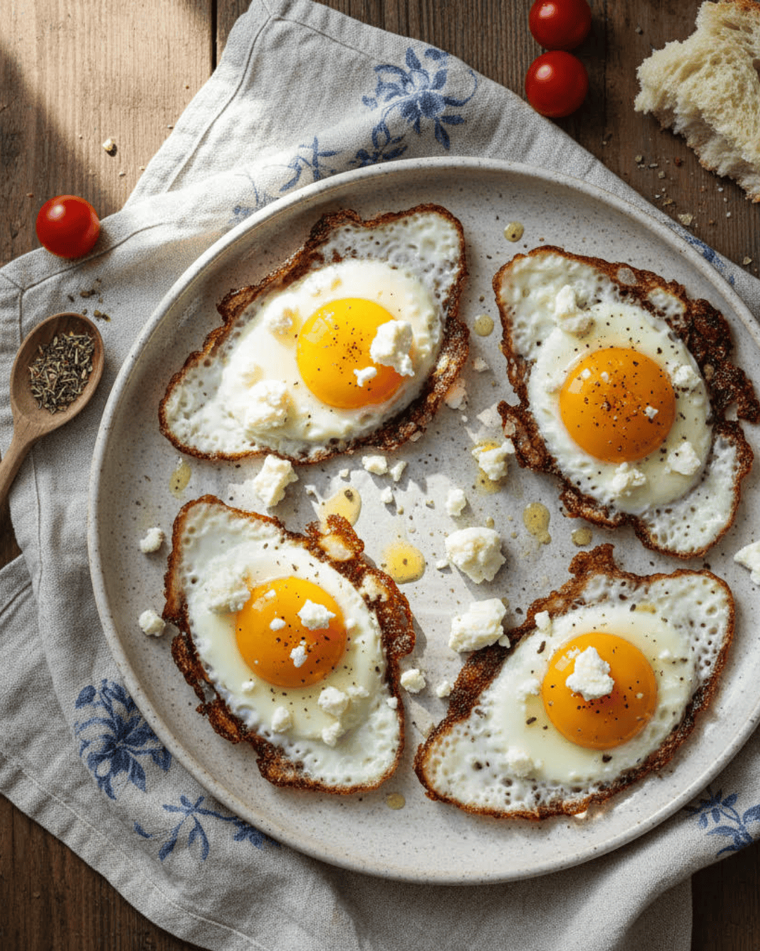 Œufs croustillants à la feta avec épinards et graines.
