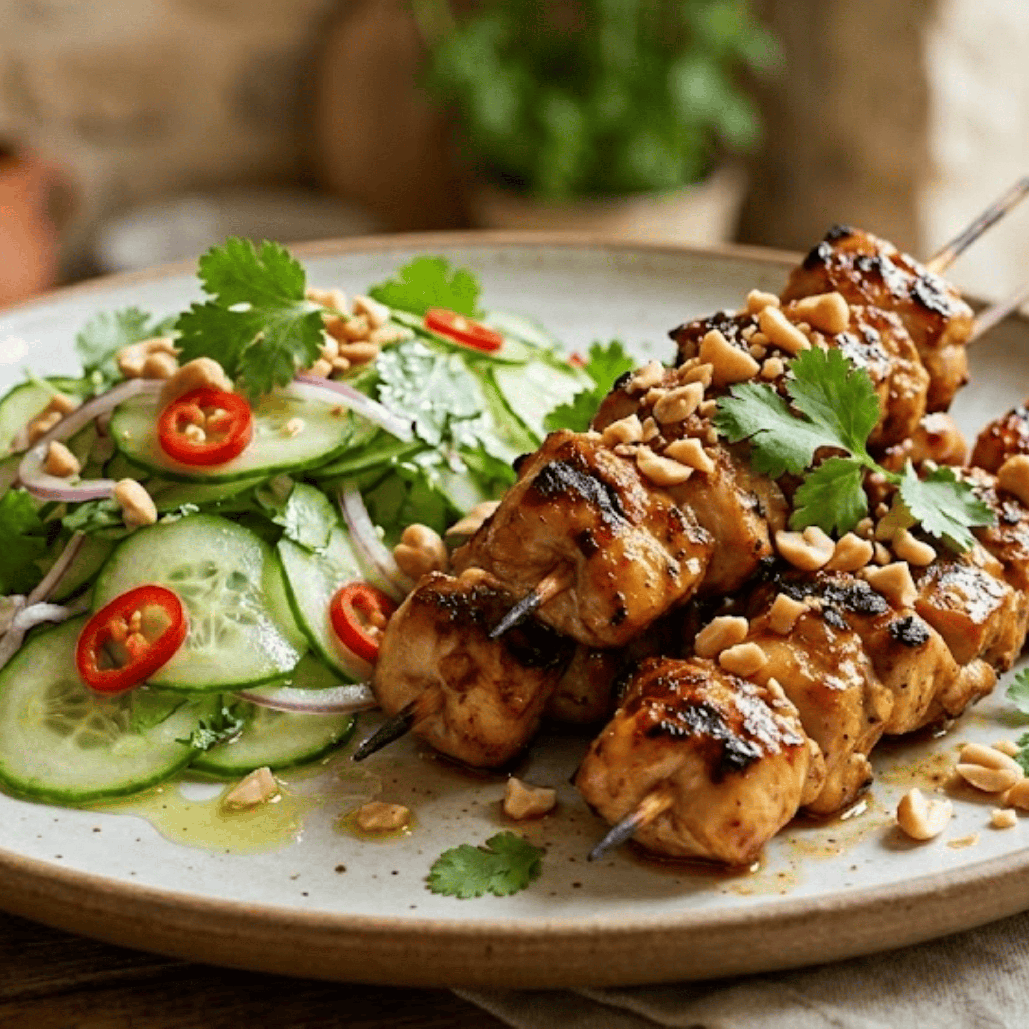 Brochettes de poulet satay servies avec une salade de concombre asiatique, coriandre fraîche et cacahuètes concassées.