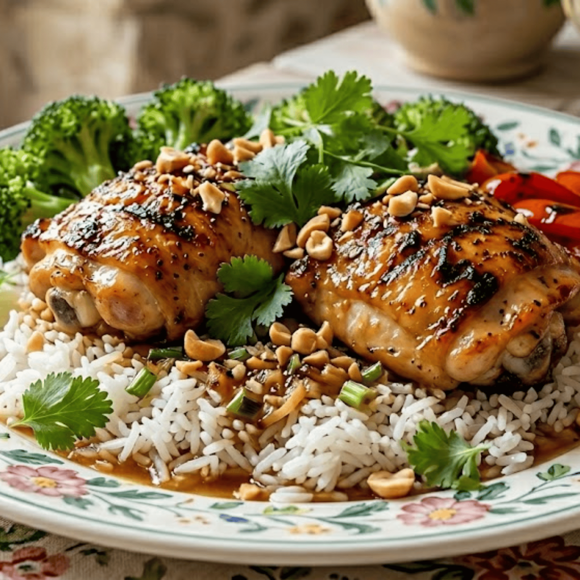 Poulet grillé au gingembre , coriandre et éclats de cacahuètes - riz basmati