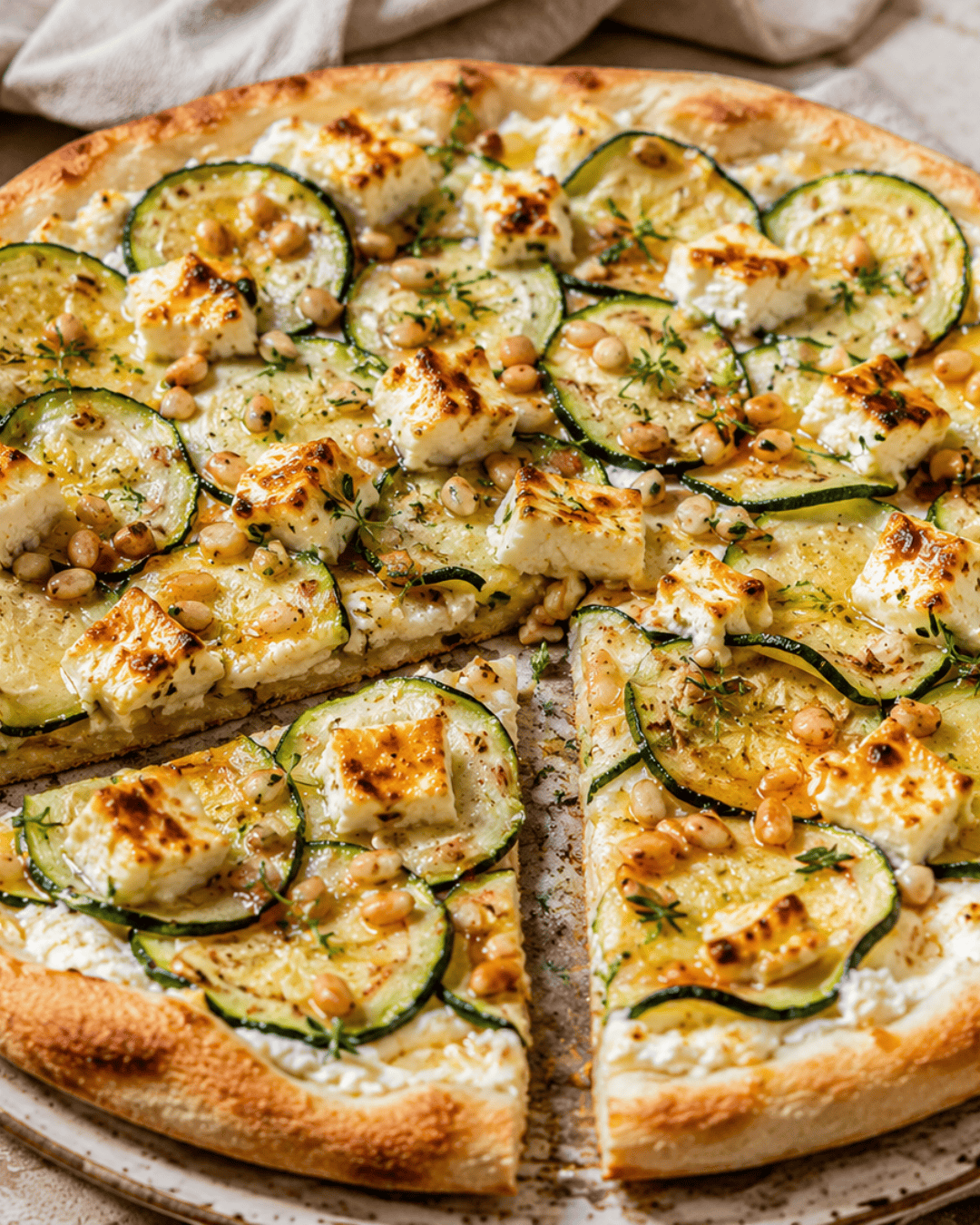 Pizza courgettes feta, miel et pignons de pin