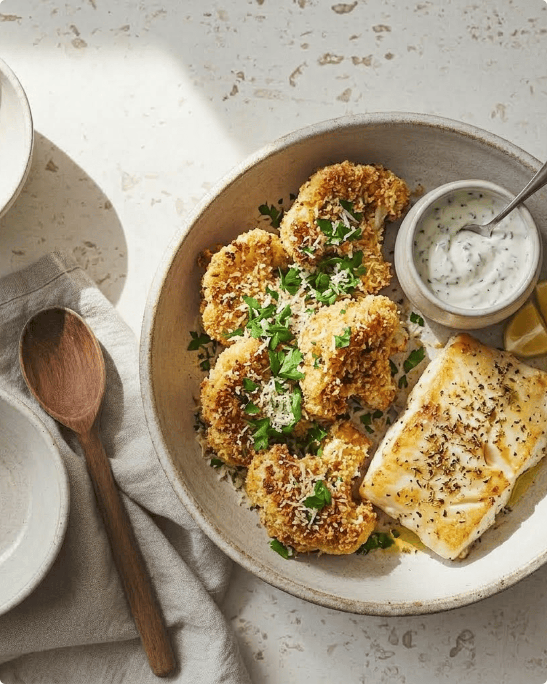 Filet de poisson servi avec chou-fleur croustillant au four et sauce yaourt citronnée dans une assiette complète.