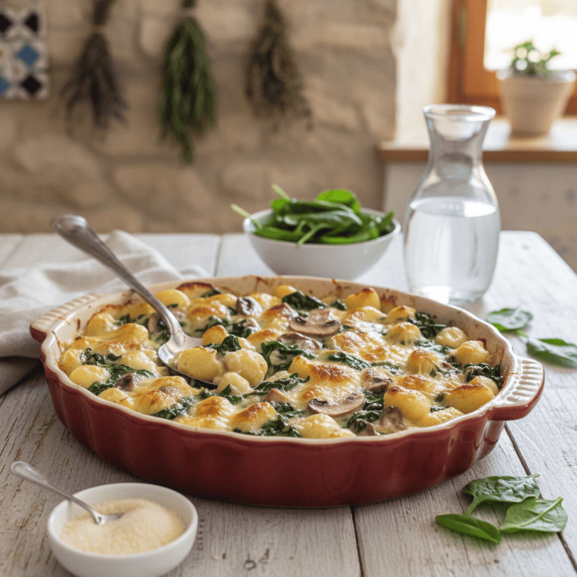 Plat de gratin de gnocchis aux champignons et épinards gratiné au fromage