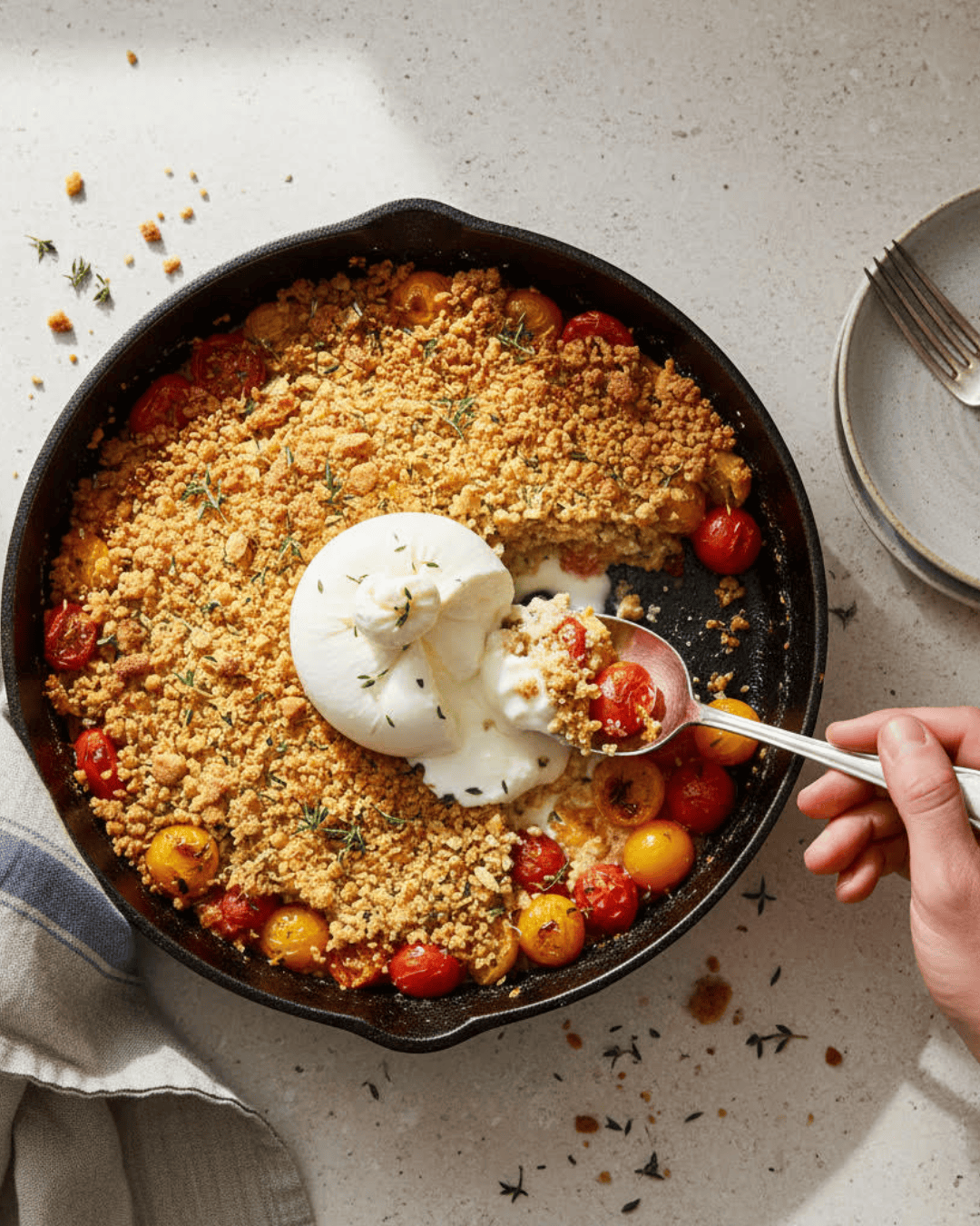 Crumble salé aux tomates cerises avec burrata fondante au centre dans un plat chaud.