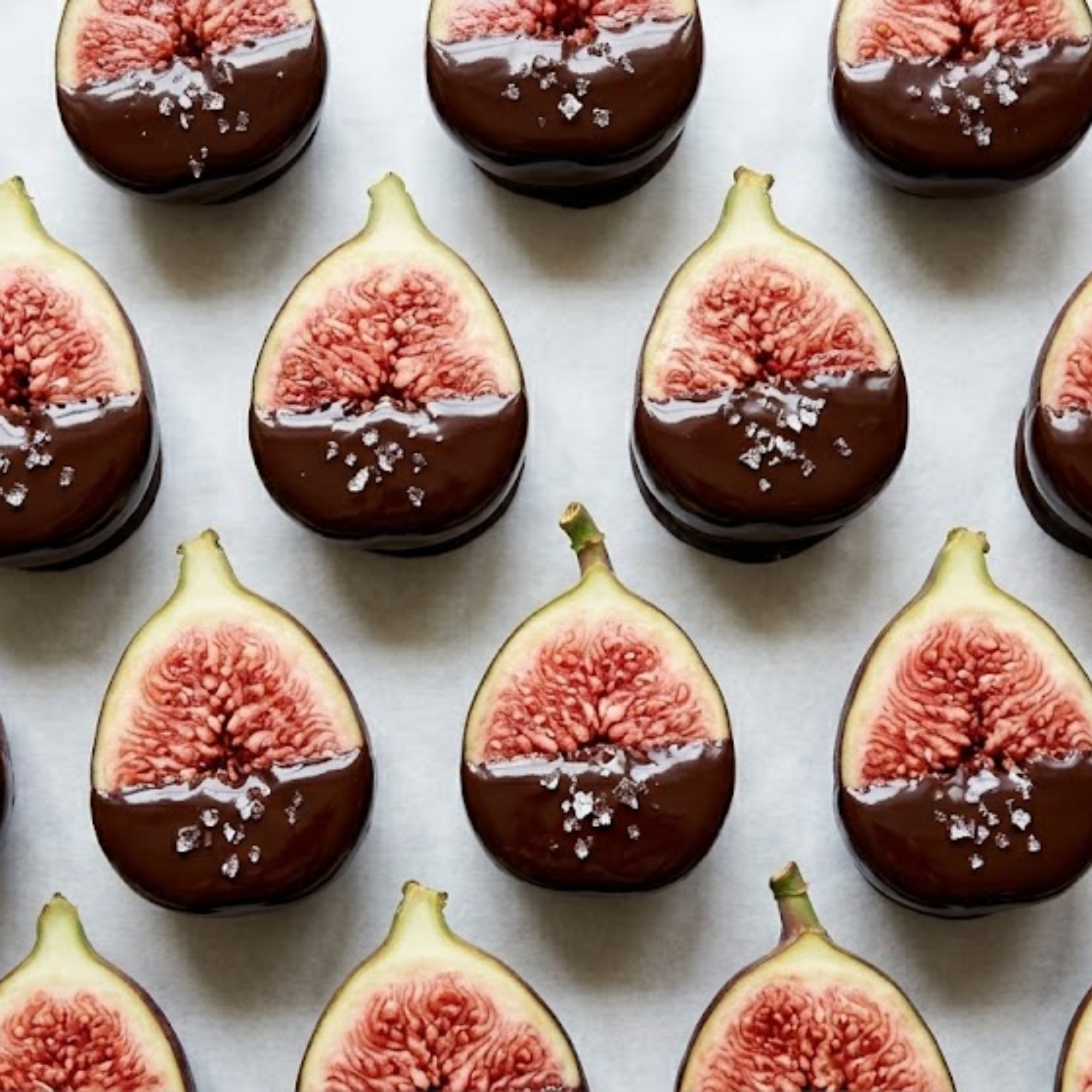 Demi-figues fraîches enrobées de chocolat noir fondu et parsemées de fleur de sel, servies bien fraîches