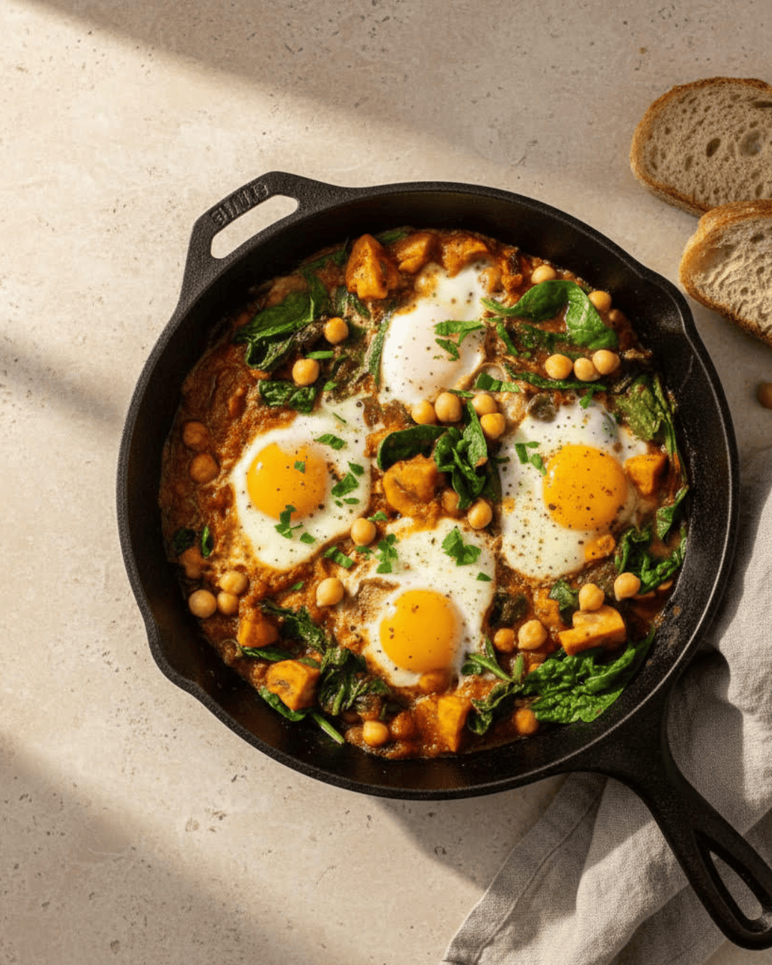 Chakchouka avec pois chiches, épinards et œufs dans une poêle avec sauce tomate épicée.