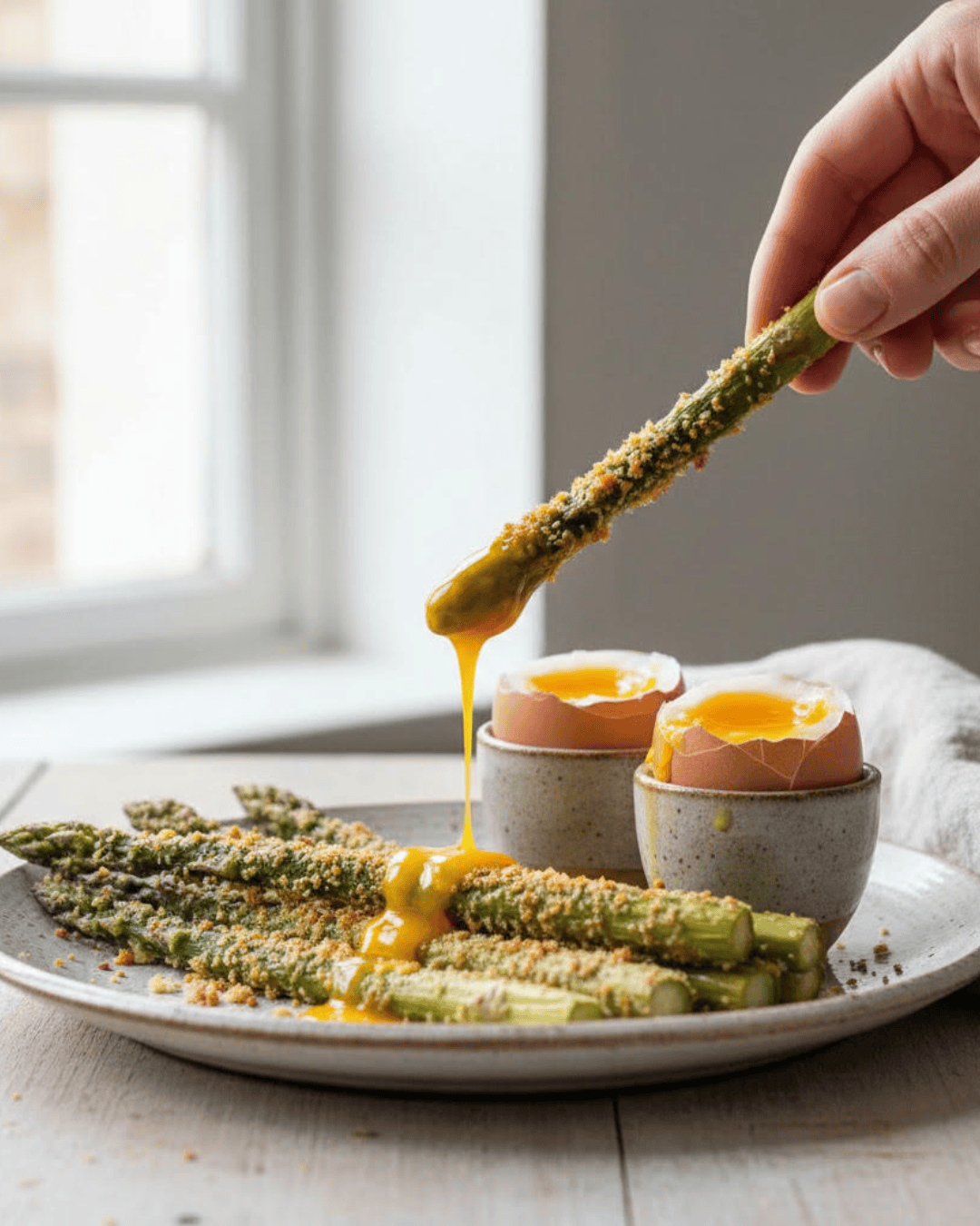 Asperges croustillantes au parmesan servies avec œufs à la coque et jaune coulant