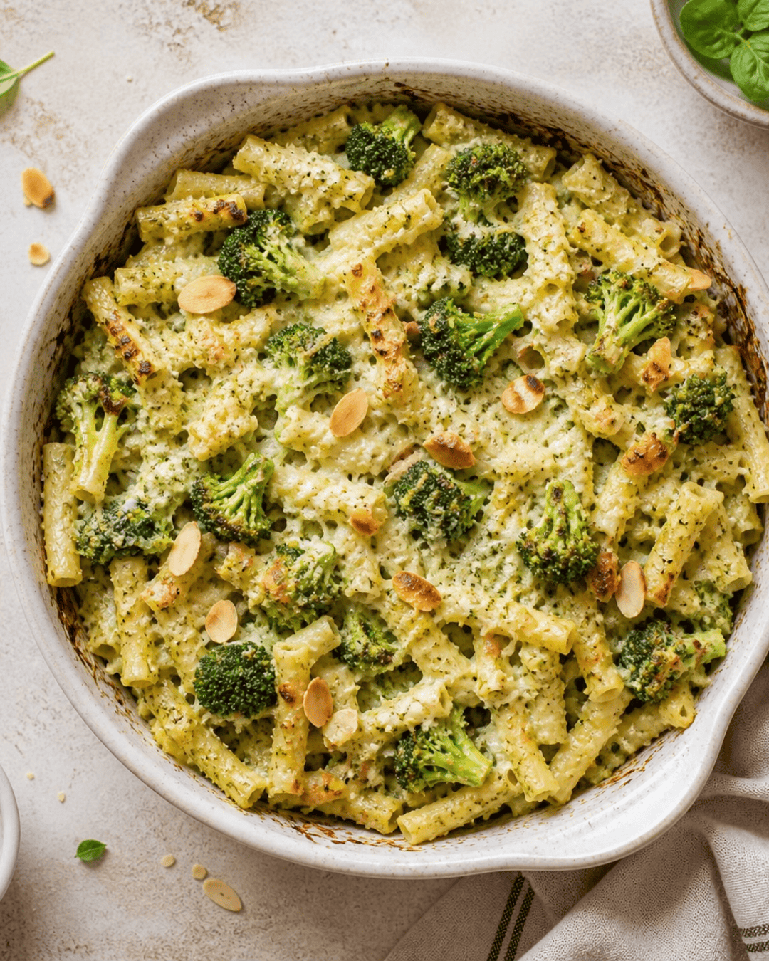Mac and cheese au pesto avec brocoli et amandes croustillantes gratinées.