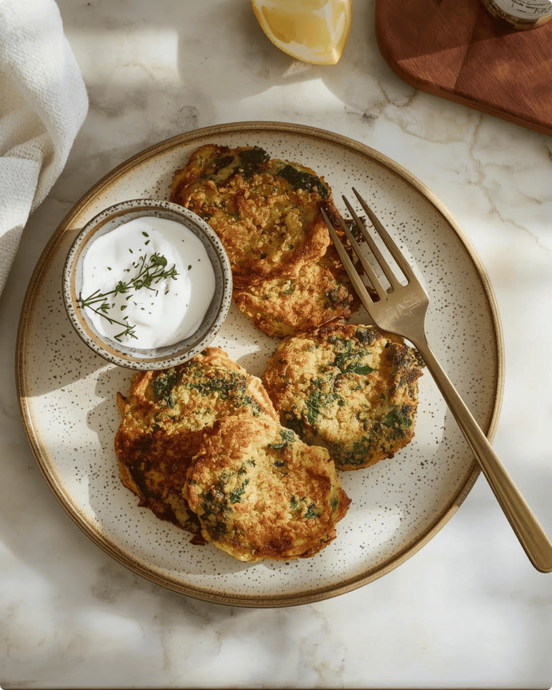 Galettes croustillantes au brocoli et quinoa dorées au four, servies avec une sauce yaourt citronnée et des herbes fraîches.