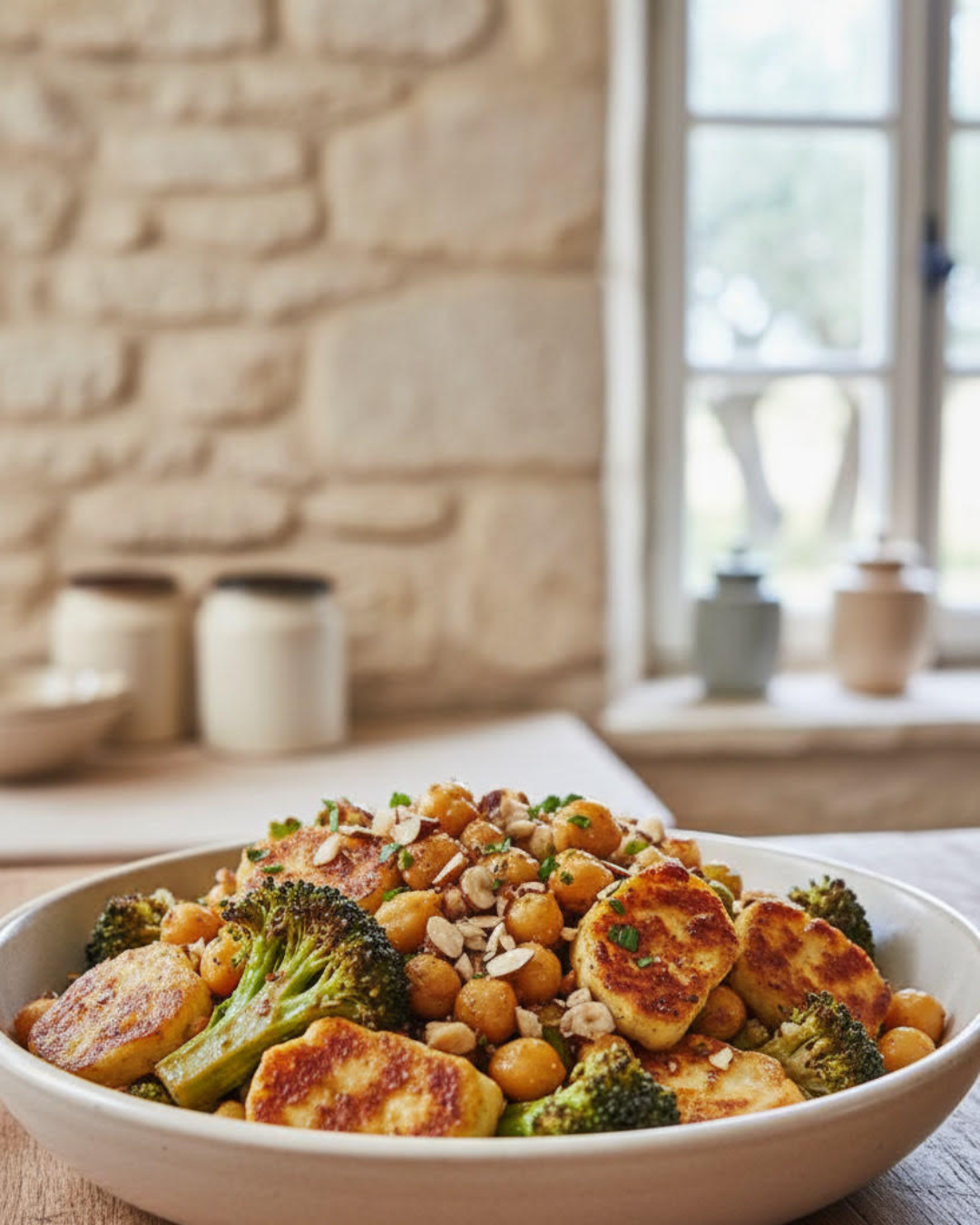 Assiette de poêlée de pois chiches avec brocolis et fromage grillé