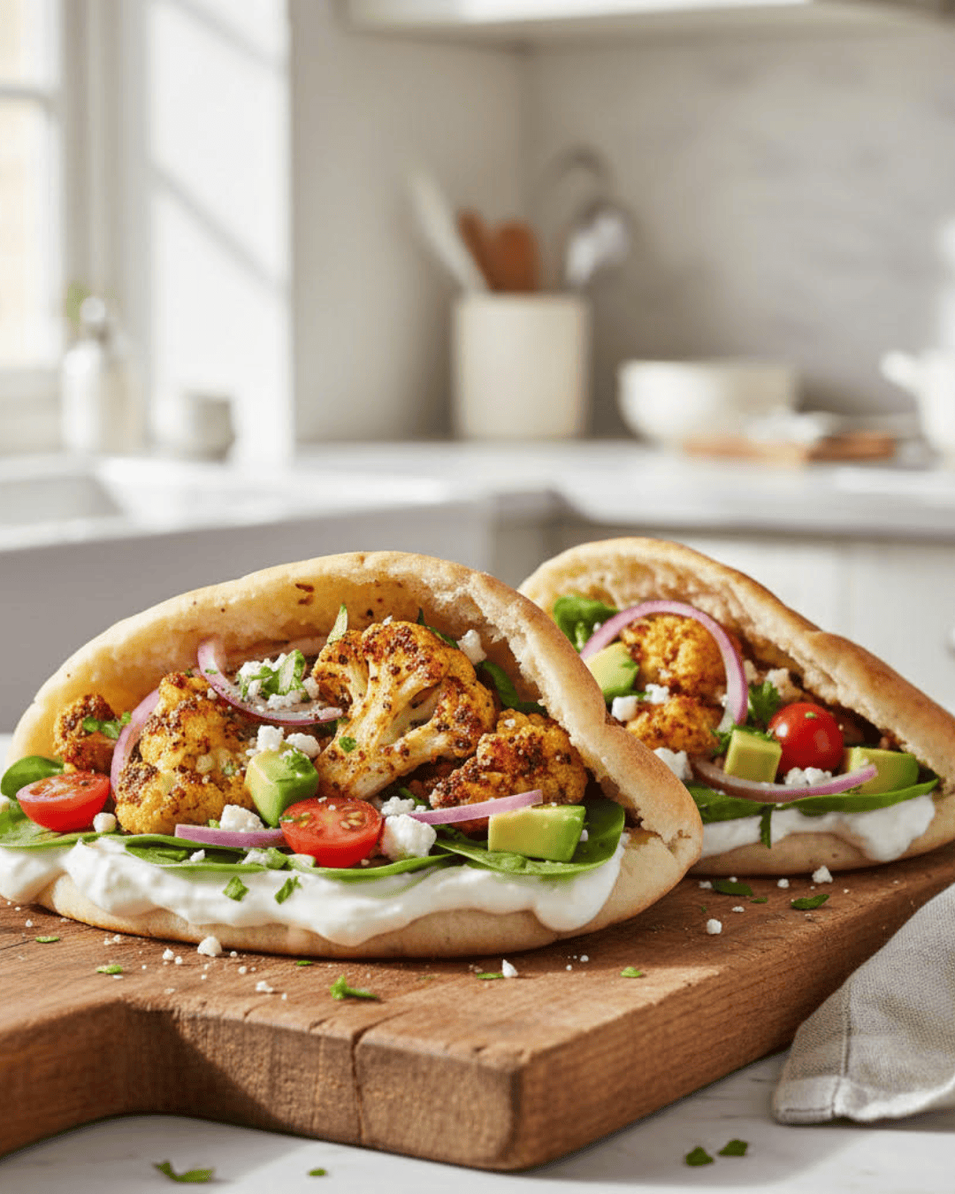 Pita garnie de chou-fleur rôti, feta, avocat et sauce yaourt avec légumes frais