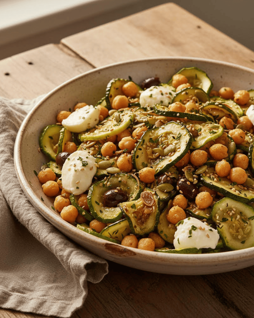 Salade tiède de courgettes rôties avec pois chiches, mozzarella et graines.