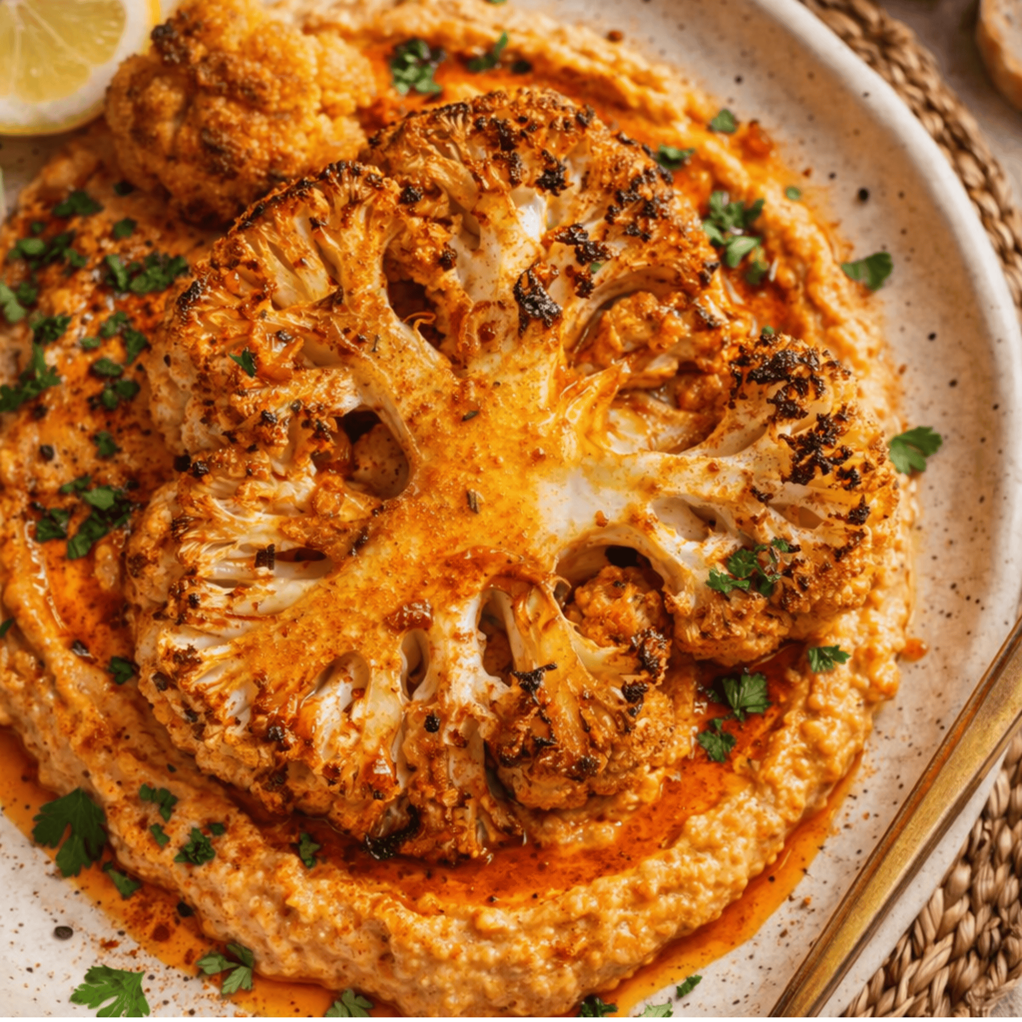 Steak de chou-fleur rôti sur lit de houmous paprika