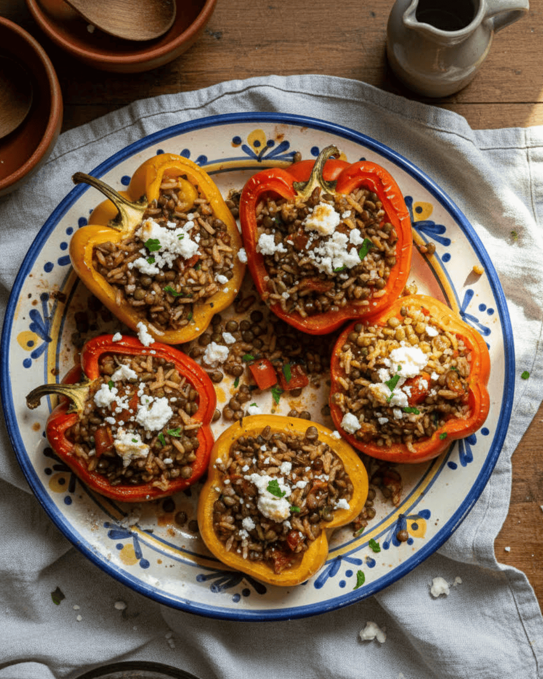 Poivrons farcis au riz, lentilles et feta gratinée