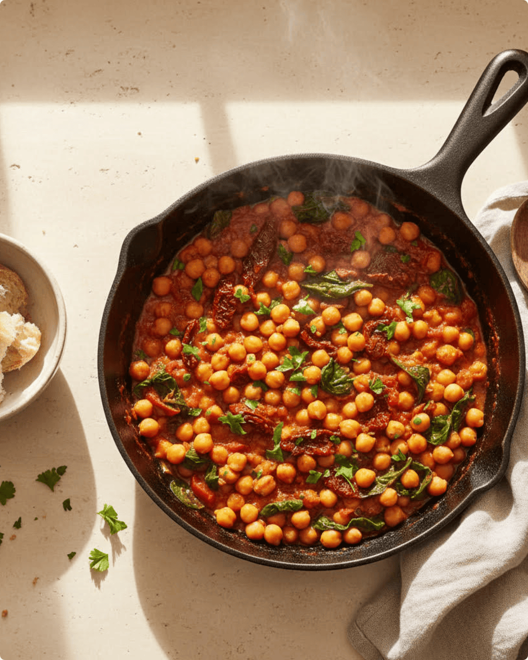 Mijoté de pois chiches aux tomates séchées et épinards dans une poêle avec sauce tomate parfumée aux herbes.