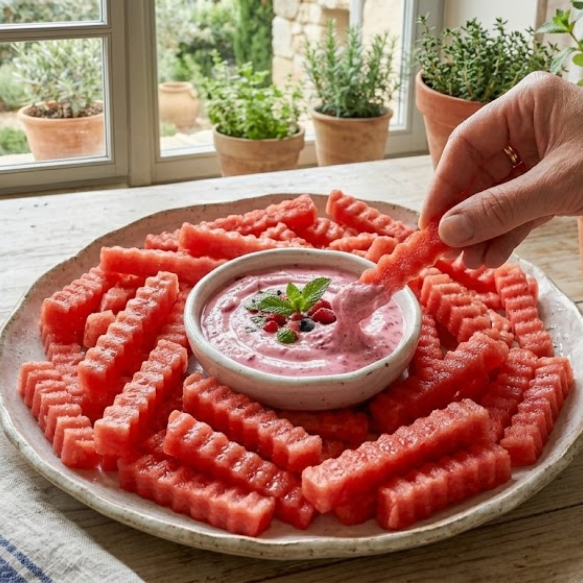 Bâtonnets de pastèque façon frites servis avec une sauce au yaourt grec, fruits rouges et menthe fraîche.