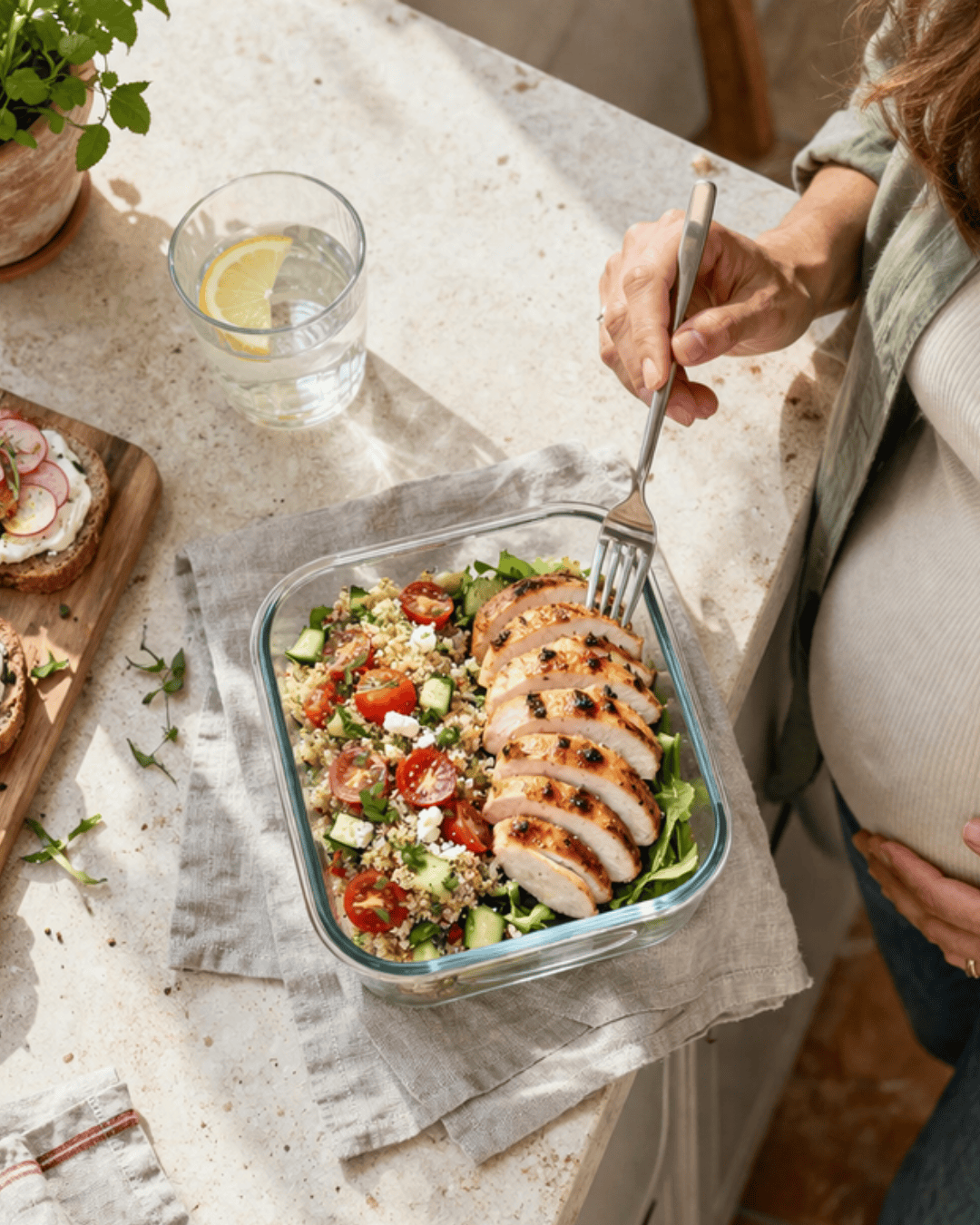 Lunch box avec poulet grillé, quinoa, tomates cerises, concombre et feta dans une boîte hermétique.