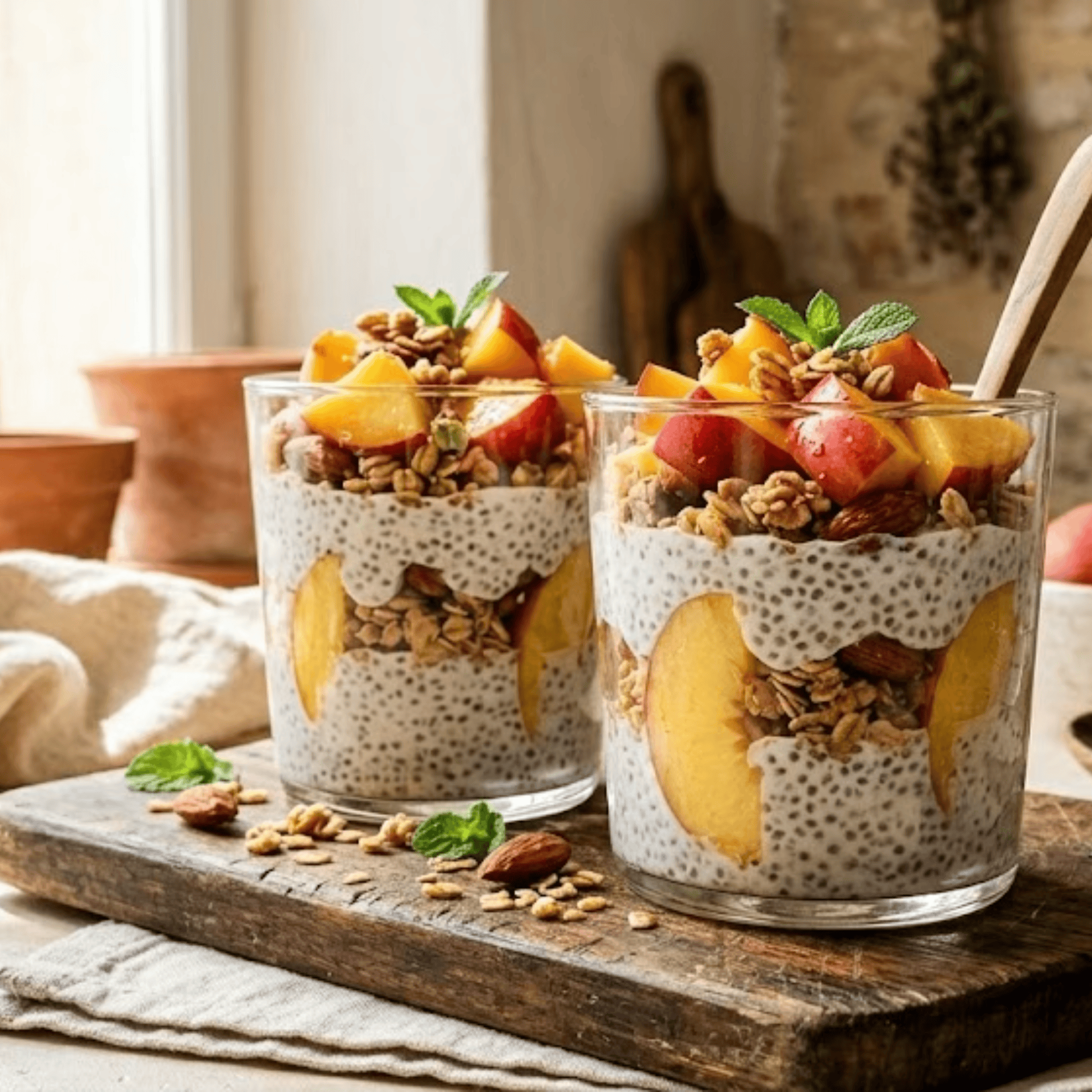 Verrines de chia pêche et granola maison