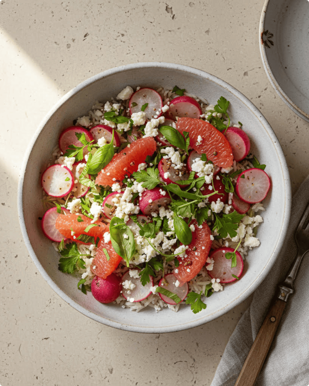 Salade de riz avec radis croquants, pamplemousse rose et feta émiettée, servie dans un bol avec herbes fraîches.