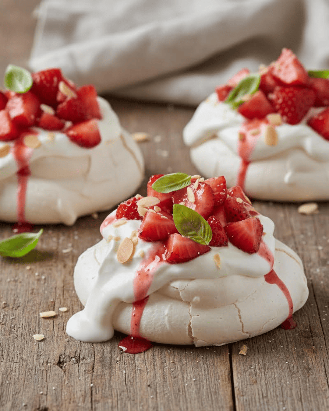 Pavlova légère aux fraises avec yaourt et amandes.