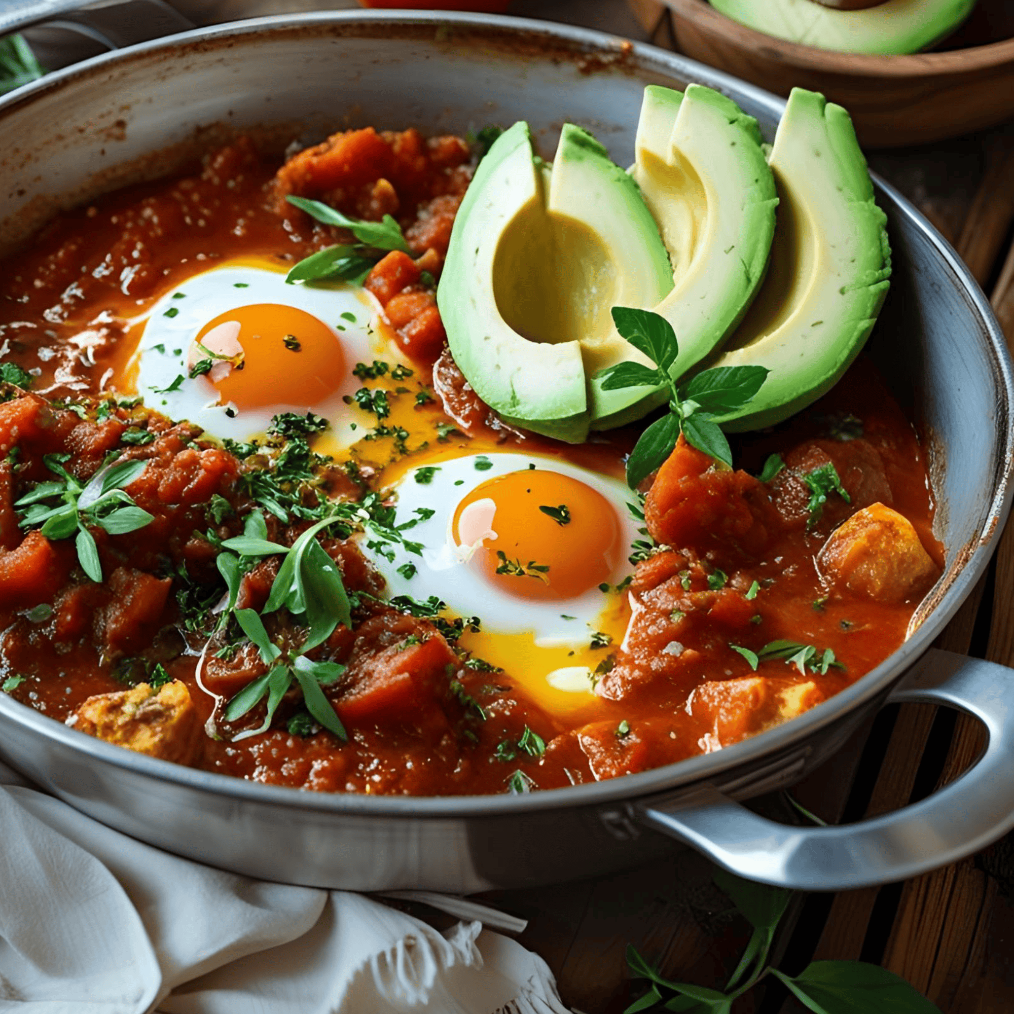 Œufs cuits à l’étouffée dans une poêle avec oignons nouveaux, tomates cerises, avocats, huile d’olive et sauce piquante.