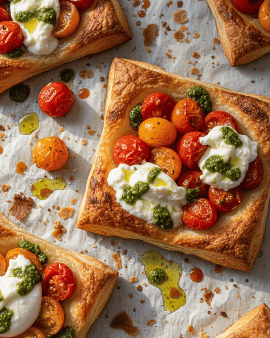 Feuilletés croustillants aux tomates rôties avec burrata et pesto.