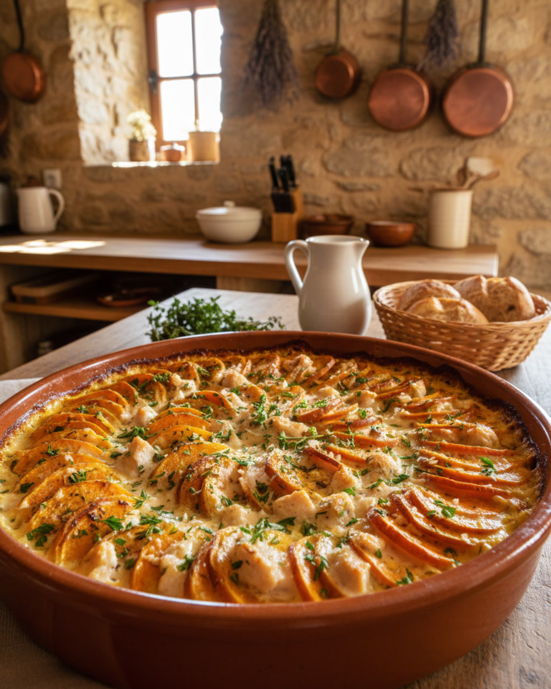 Gratin doré de patate douce en tranches avec poulet au lait de coco, servi dans un plat en céramique rustique, parsemé d’herbes