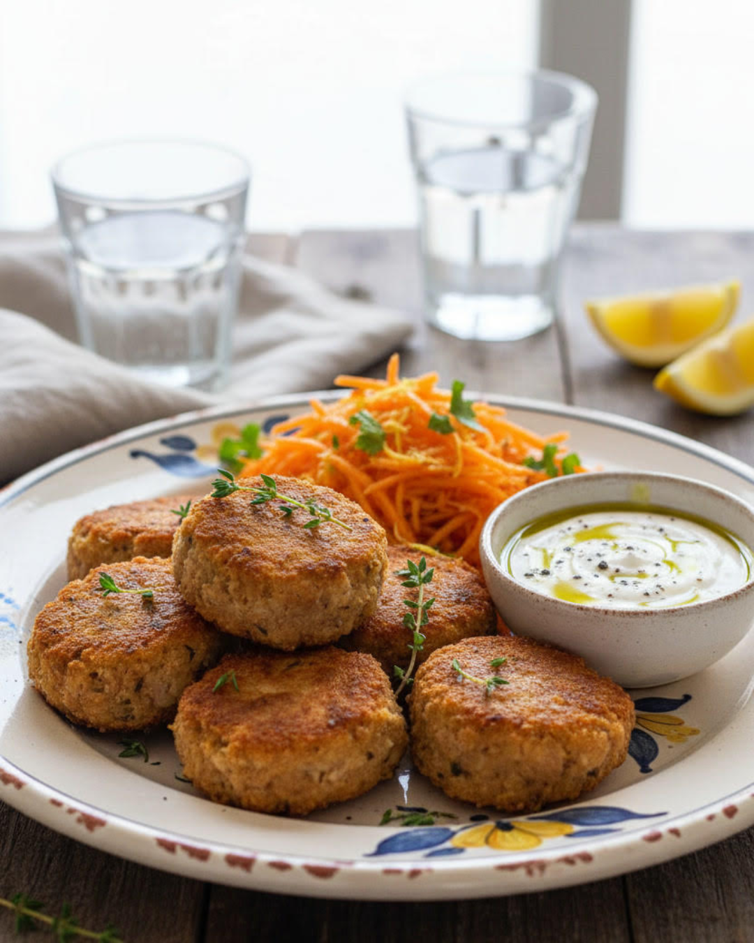 Assiette de croquettes de sardines dorées avec salade de carottes et sauce au fromage blanc