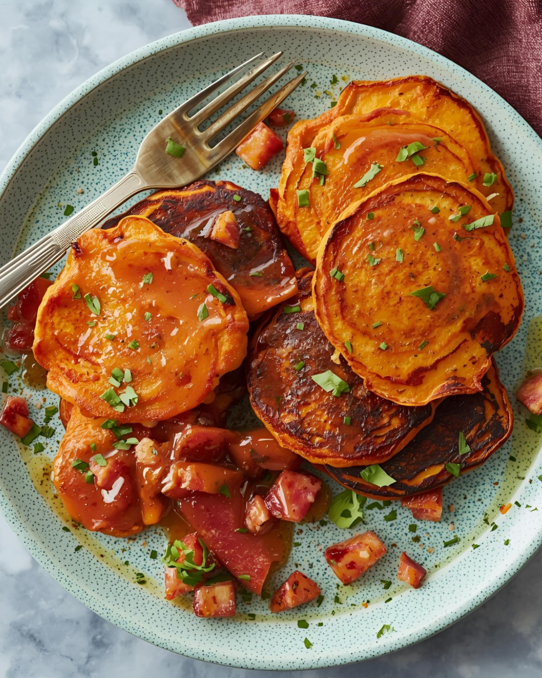 Crêpes salées épaisses à la patate douce servies avec des légumes rôtis