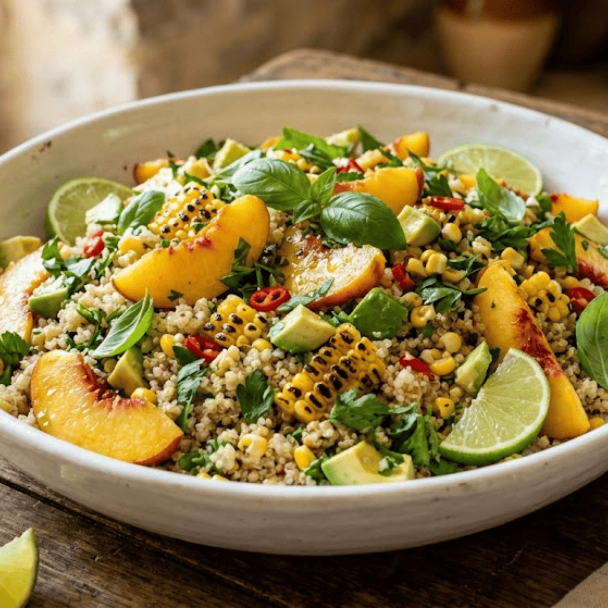 Salade de quinoa avec maïs grillé, pêches jaunes rôties, avocat, basilic frais et citron vert.