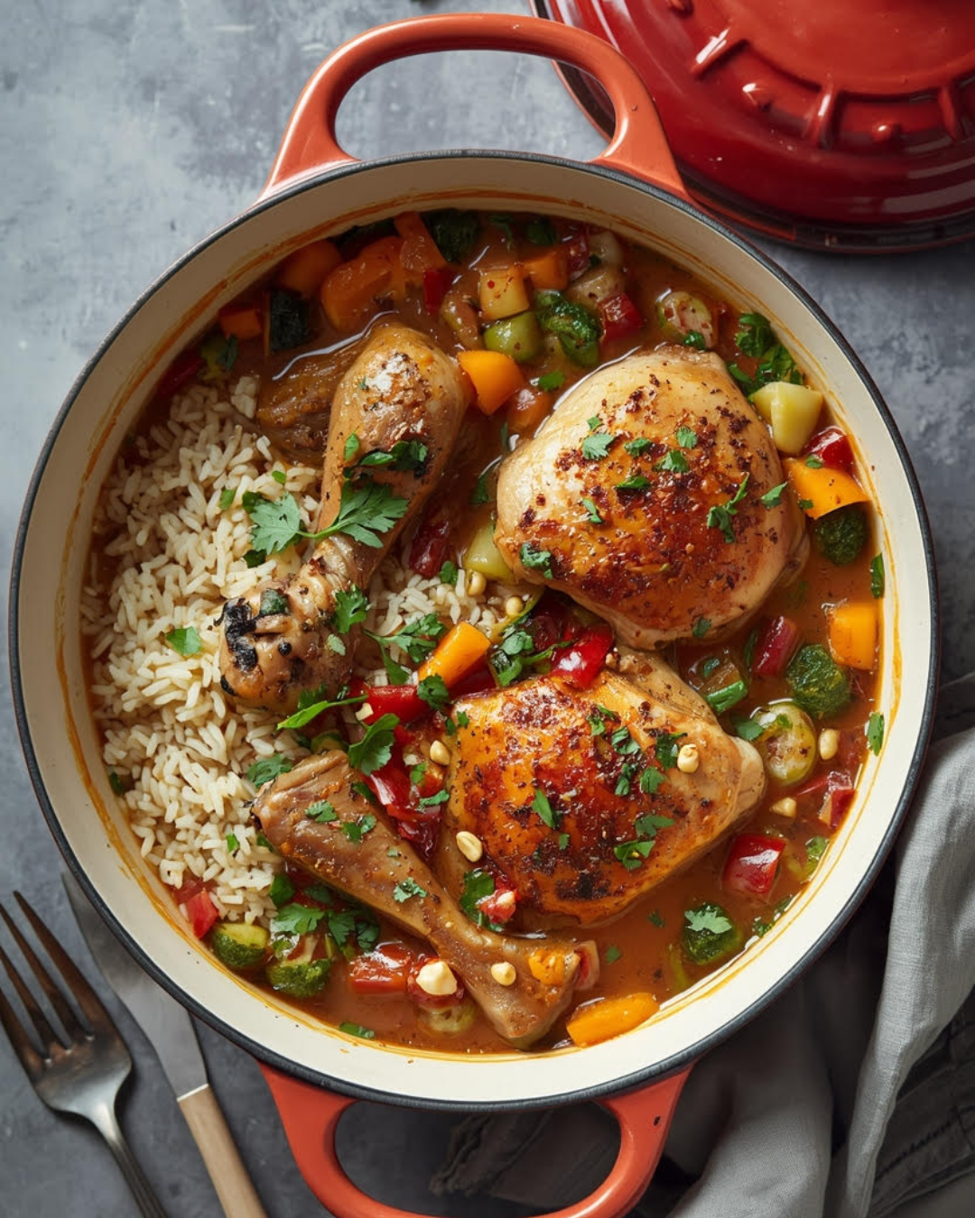 One pot de poulet mijoté avec riz blanc, poireaux et carottes dans une cocotte