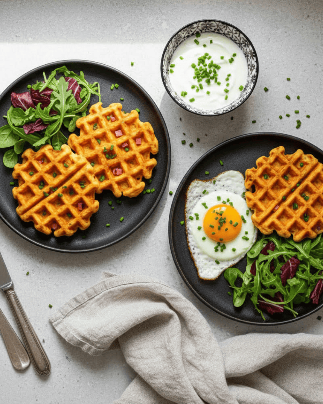 Gaufres salées patate douce, jambon et oeufs