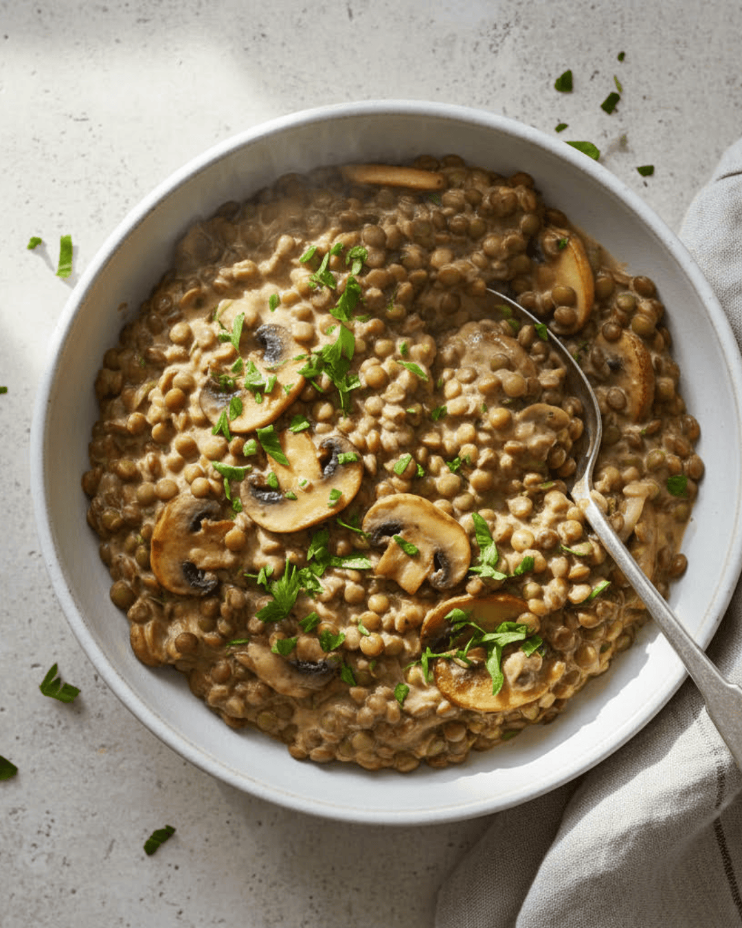 Stroganoff de lentilles avec champignons dans une sauce crémeuse servi dans un bol.