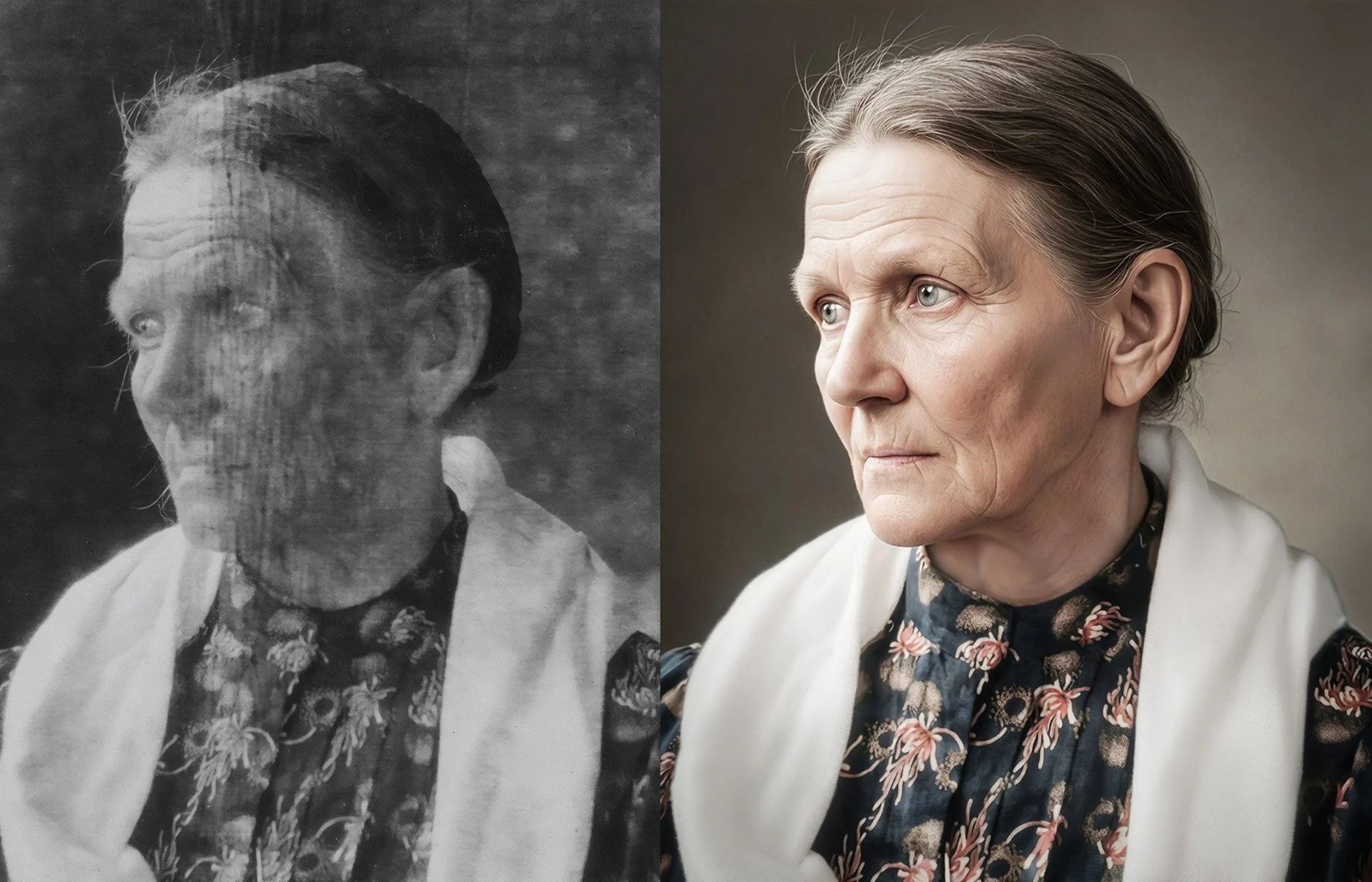 Before and after portrait reconstruction and retouching from low-quality source image – Memora Prime Studio