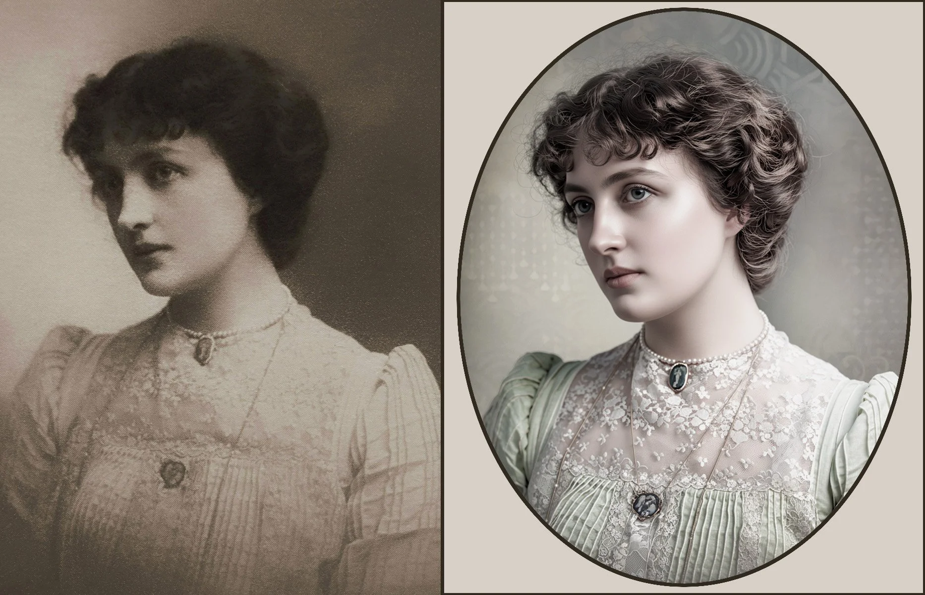 Before and after restoration of old damaged photo with controlled retouching for memorial production – Memora Prime Studio