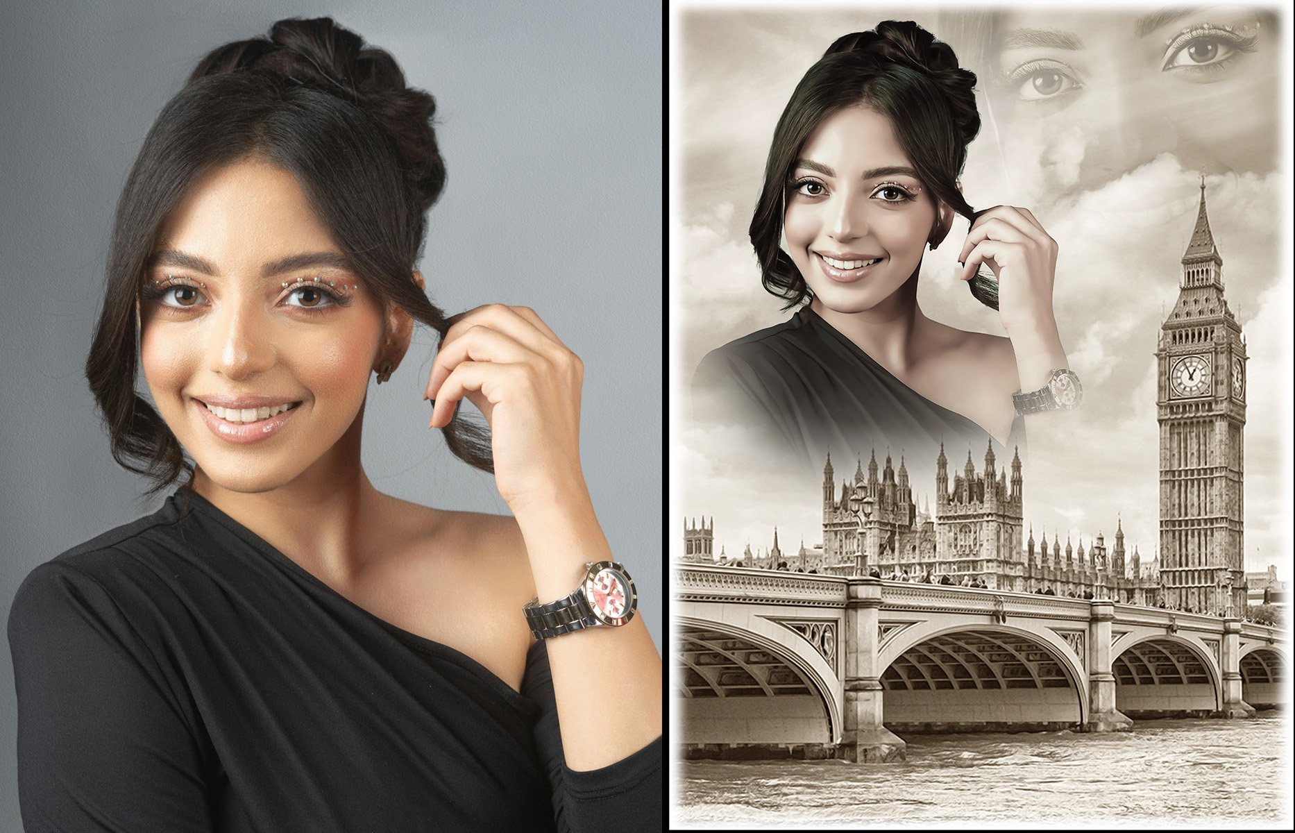 Before and after ceramic portrait retouching optimized for printing and production clarity – Memora Prime Studio