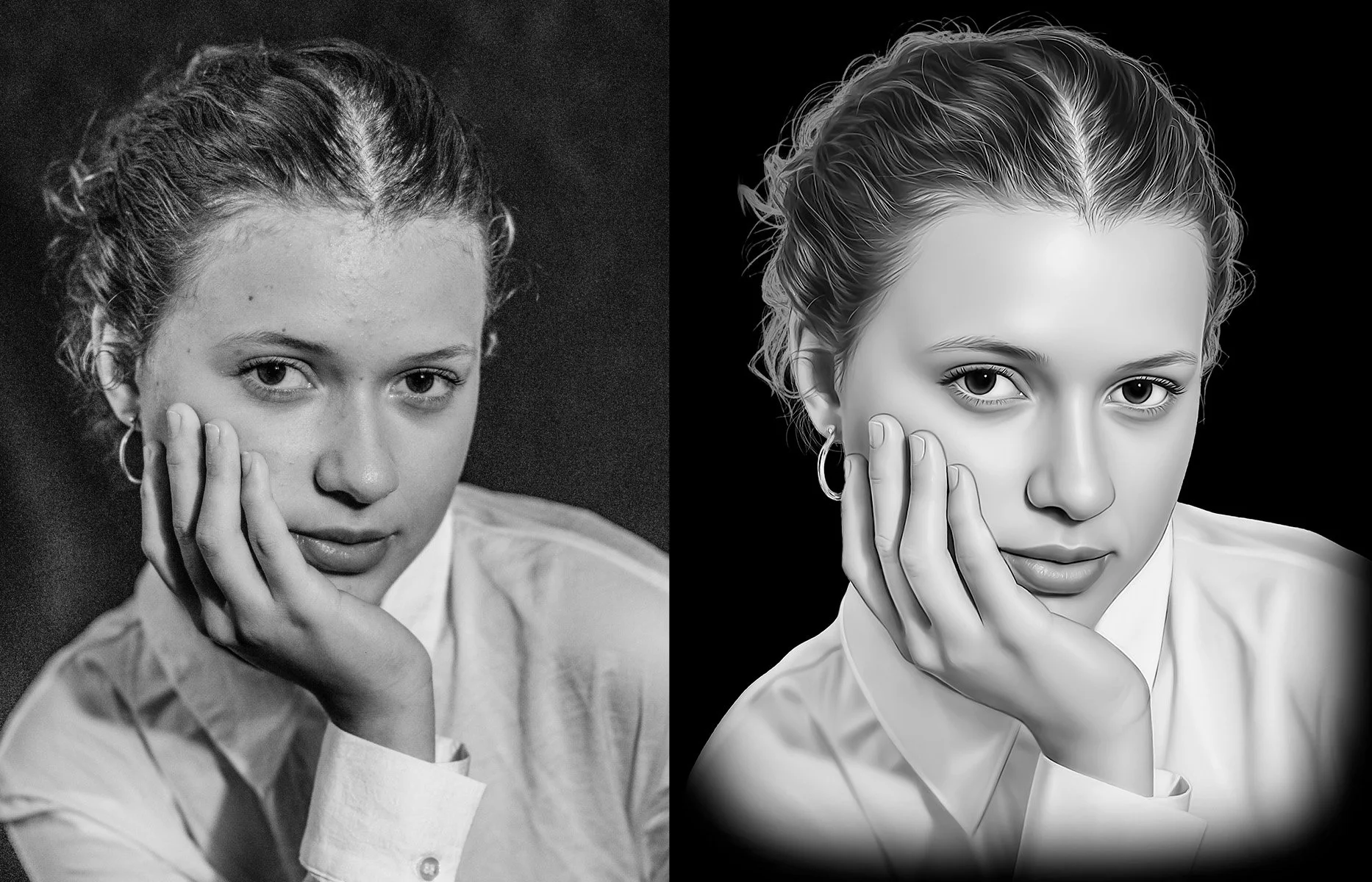 Before and after damaged photo restoration and grayscale retouching for engraving readability – Memora Prime Studio