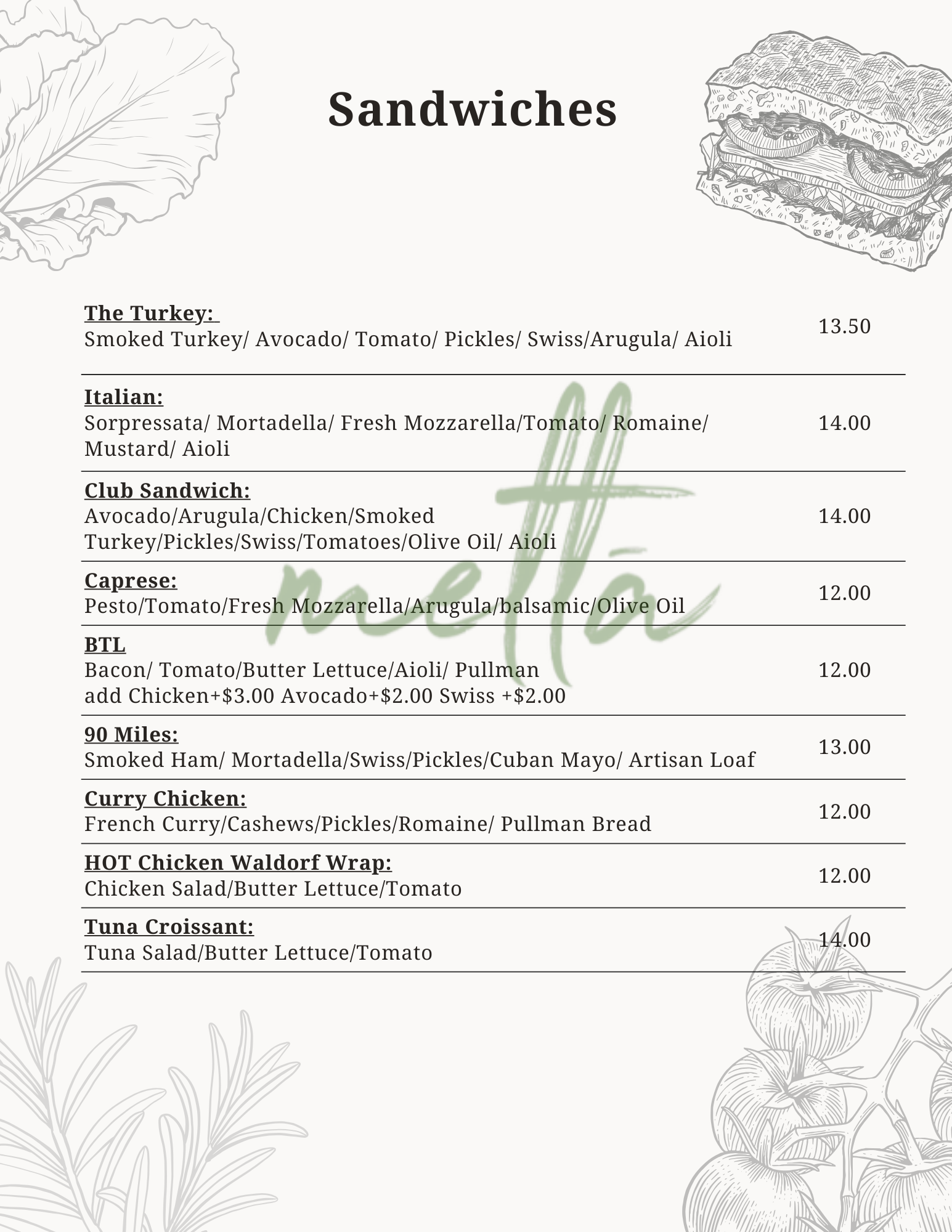 Metti Menu Metta Cafe