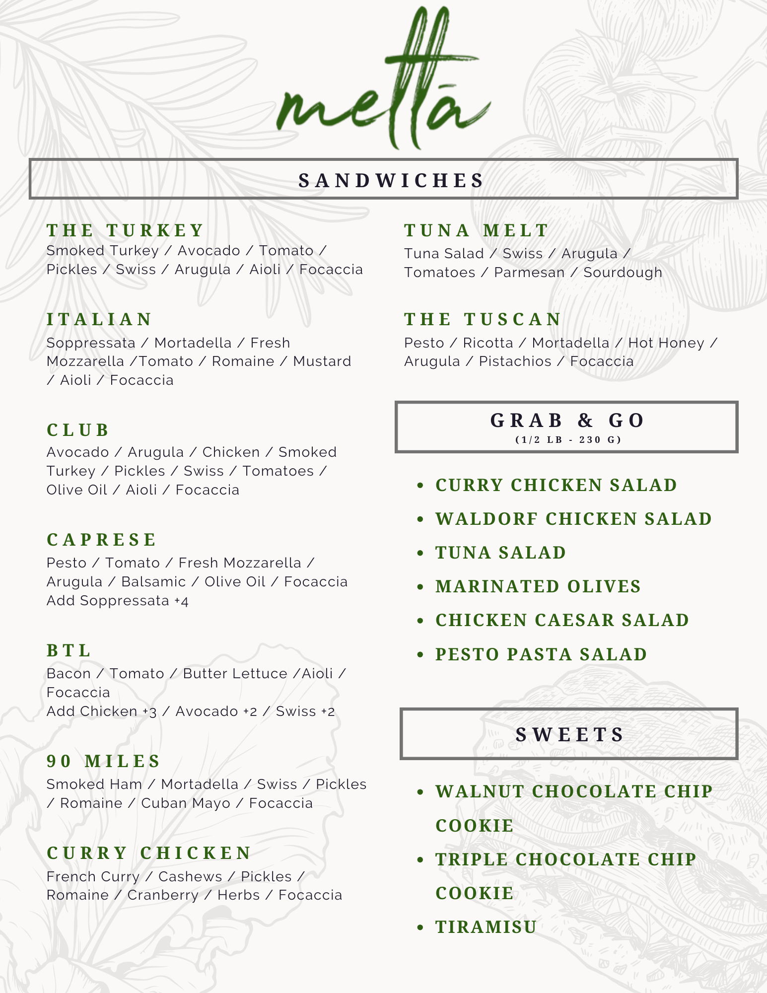 Metti Menu Metta Cafe
