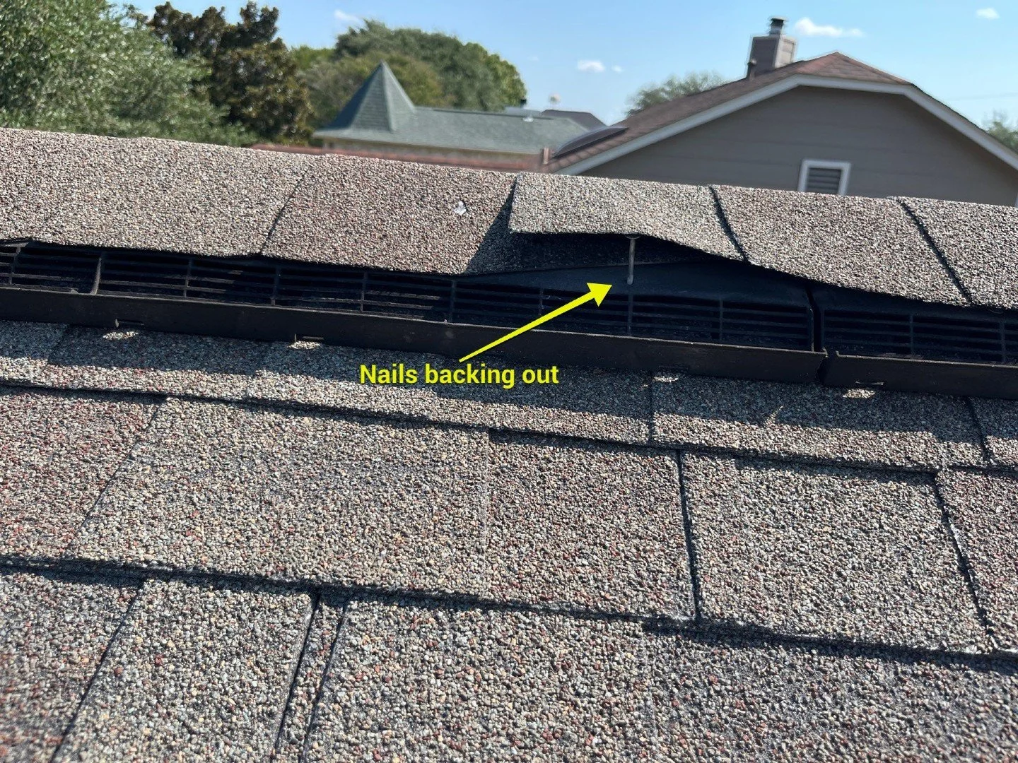 Why do nails back out of your roof? 🏠🔨

Over time, nails can start to back out of shingles and ridge vents for a few key reasons:
✅ Heat Expansion &amp; Contraction &ndash; Shingles and decking expand in the heat and contract in the cold, slowly wo