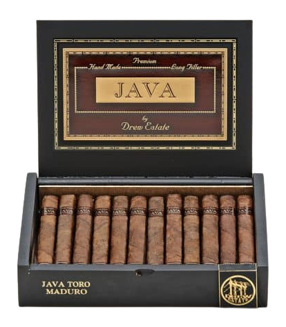 Box of cigars labeled Java, handcrafted, with a dark exterior and gold accents on the packaging.