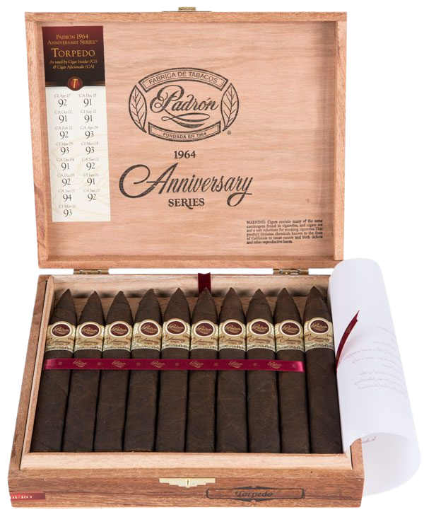 An open wooden cigar box containing dark cigars, with a decorative label and a scroll of paper on the side, celebrating the 1964 anniversary of the Torpedo cigar brand.