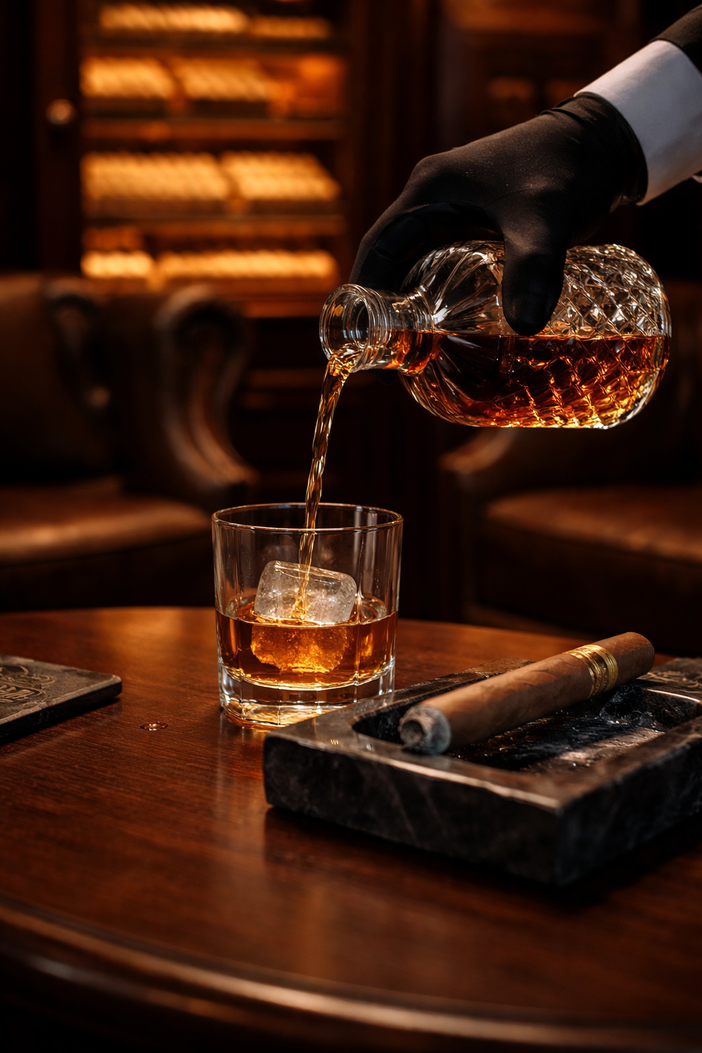 A hand wearing a black glove pours whiskey over a large ice cube into a glass, on a wooden table with a cigar in a tray and a wallet nearby. Wooden chairs and a bookshelf are in the background.