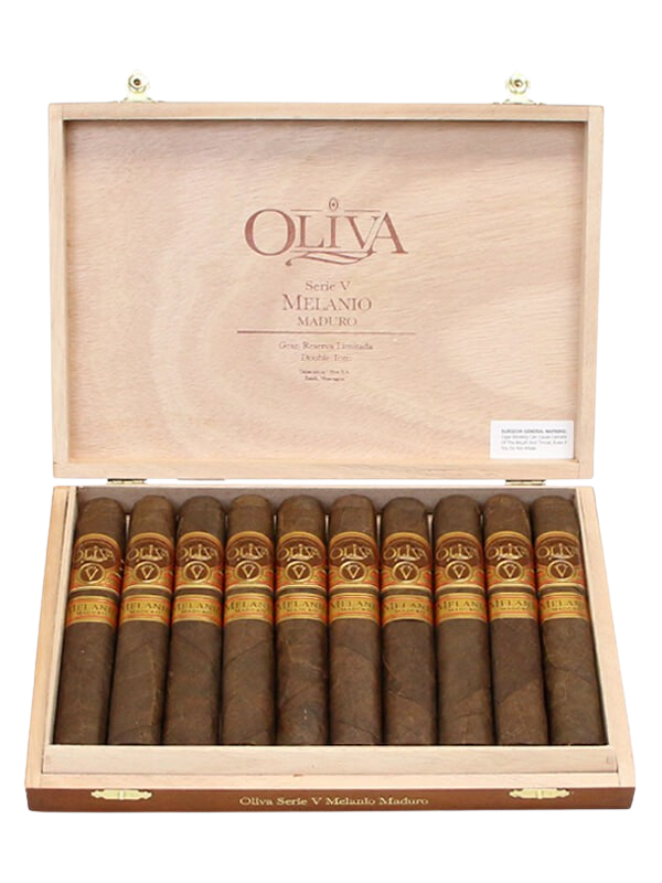 Open wooden cigar box containing ten Oliva Serie V Melanio Maduro cigars with bands displaying the Oliva logo and branding.