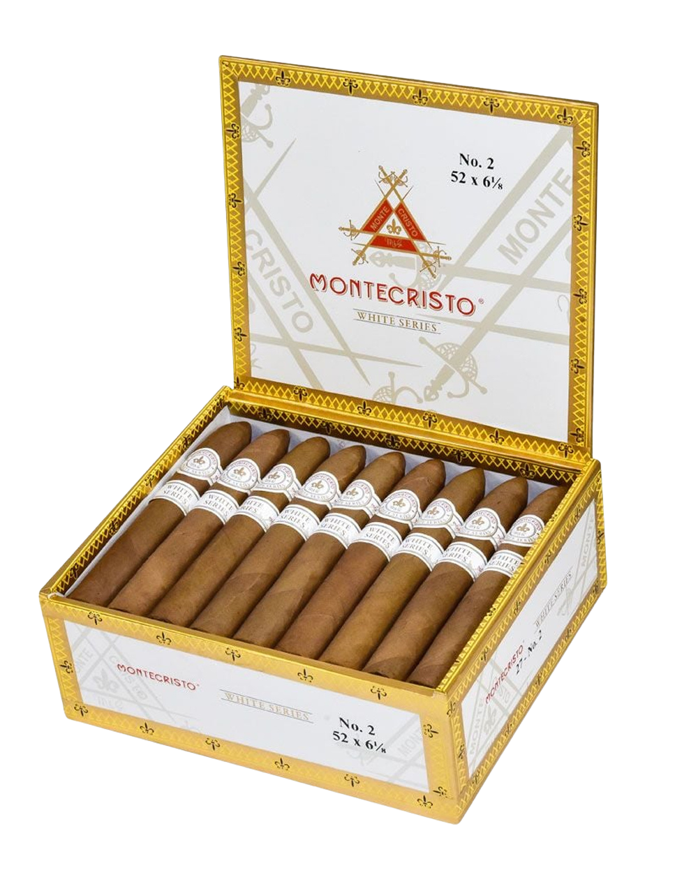 Open box of Montecristo White Series No. 2 cigars, showing multiple cigars with white bands, gold and white box design.