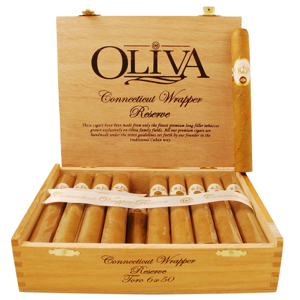 A wooden box of cigars labeled 'Oliva Connecticut Wrapper Reserve' with eight cigars inside, each wrapped in a light Connecticut leaf, and a band around the box and cigars.