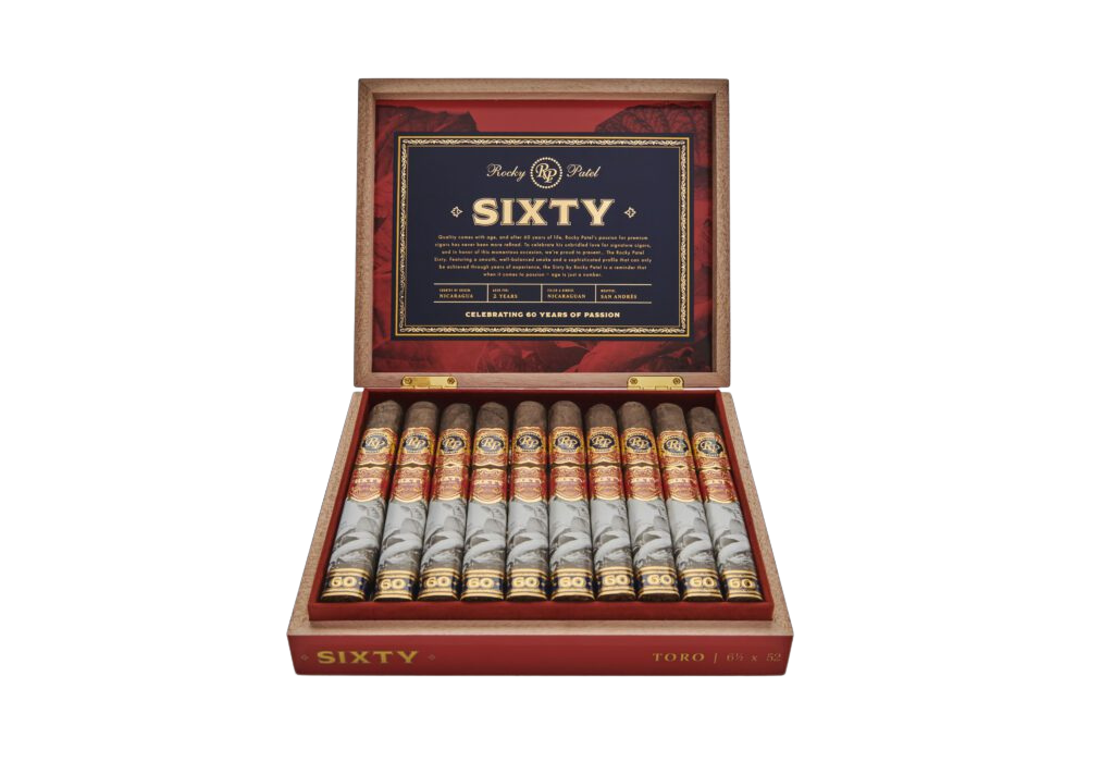 Open box of Rocky Patel Sixty cigars with ten cigars visible inside, placed on a red interior lining.