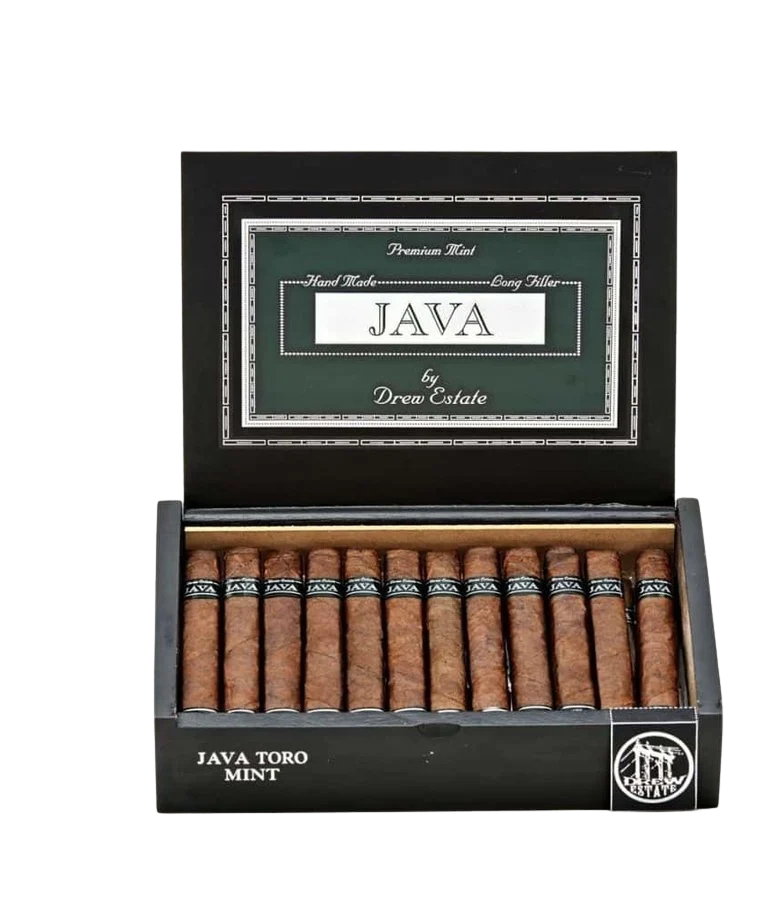 A box of cigars labeled "Java" by Drew Estate with the flavor "Java Toro Mint" and the brand "Premium Hand Made Gong Filler," featuring a graphic of a bridge and smoke on the lower right corner.