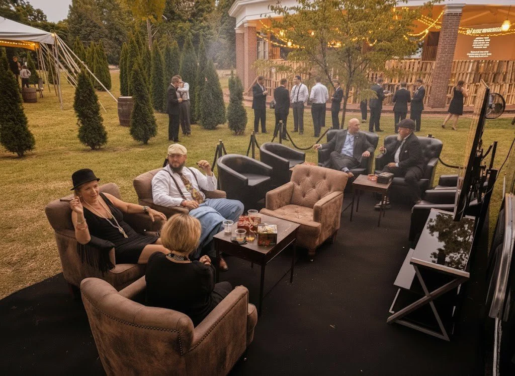A group of people dressed in vintage or retro attire socializing and relaxing on outdoor couches at a party or event during the evening, with some people standing and conversing in the background.